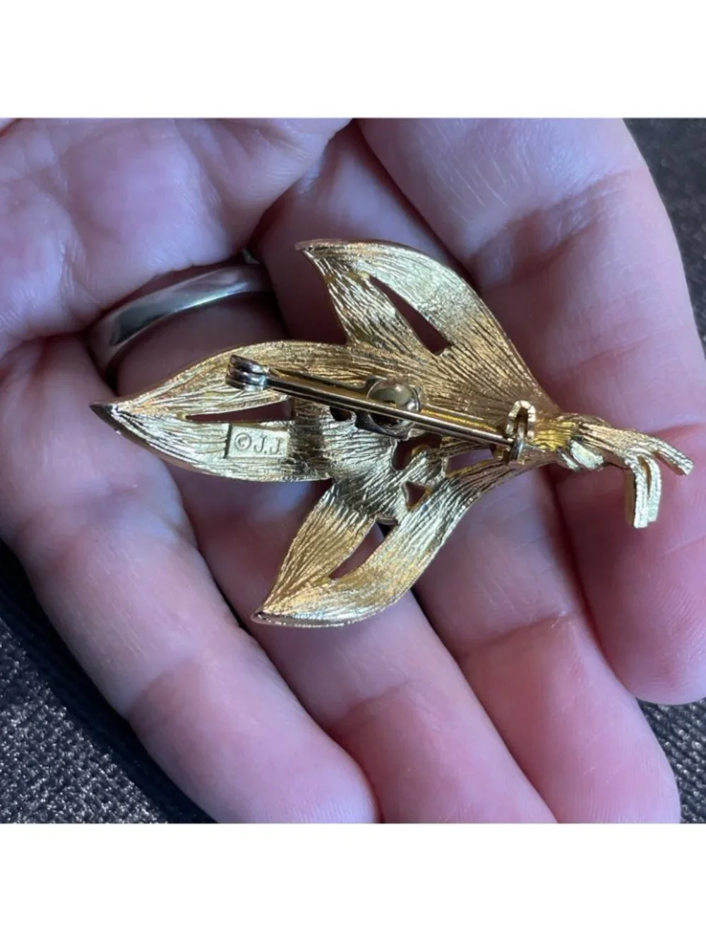 Vintage JJ Leaf Brooch Gold-Tone Faux Pearl Figural Pin Jonette Jewelry Signed